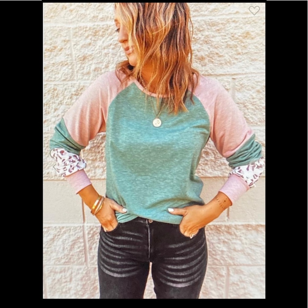 Green round neck leopard color block top